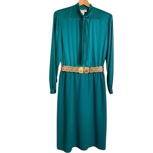 HENRY LEE 70’s Emerald Green Mixed Media Satin Wool P* Bow LS Midi Dress Sz 16